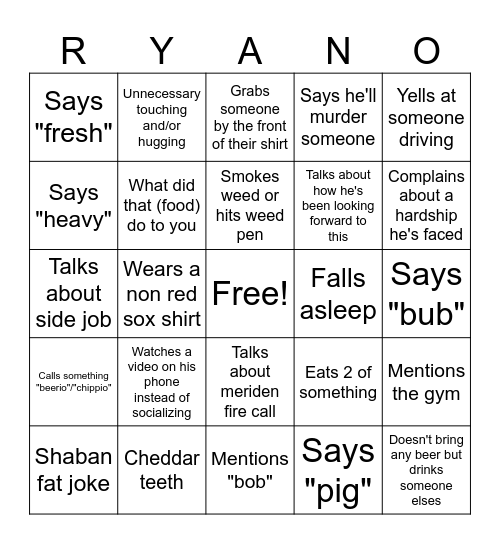 Ryan's sayings Bingo Card