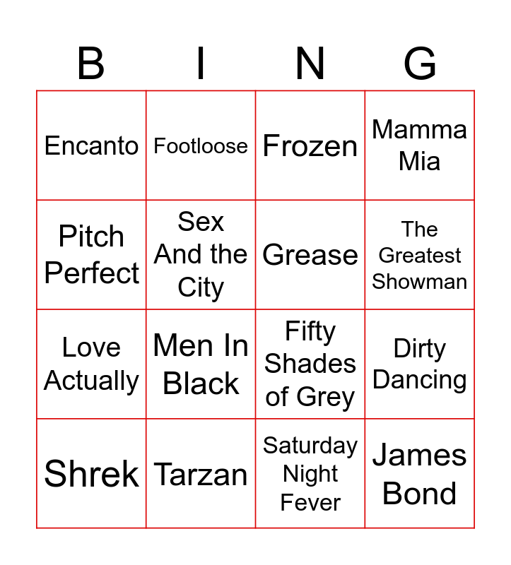 Hollywood Bingo Card