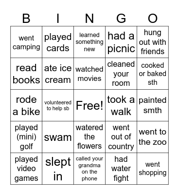 Summer Vacation Bingo Card