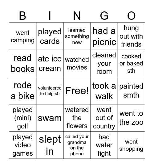 Summer Vacation Bingo Card