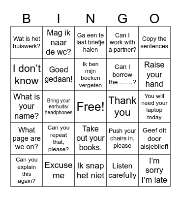 Classroom English Bingo Card