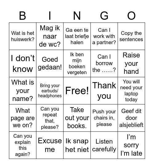 Classroom English Bingo Card