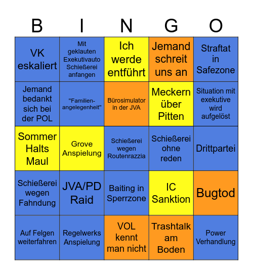 Blau = Pol | Orange = Streife | Gelb = Ich Bingo Card