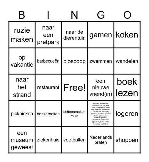 Zomervakantie Bingo Card