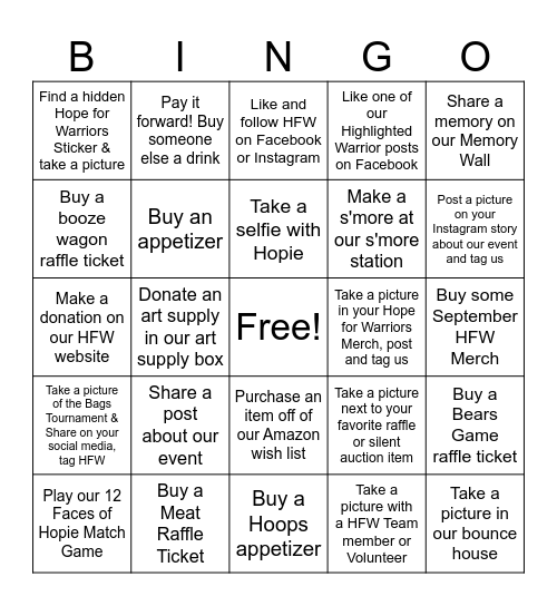 Hope for Warriors Bingo Card