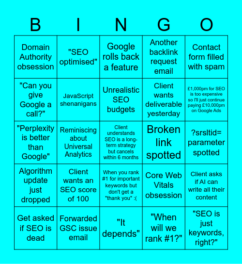 SEO Bingo Card