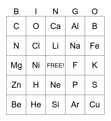 Periodic Table Bingo Card
