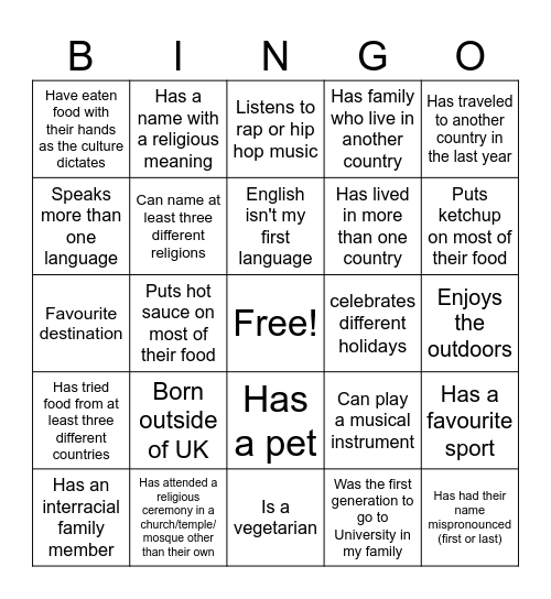 Cultural Diversity Bingo Card