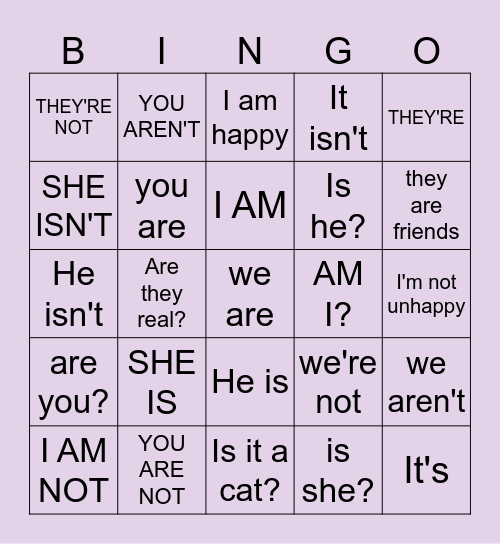 VERB TO BE Bingo Card