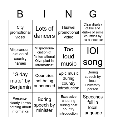 IOI Opening Ceremony Bingo Card