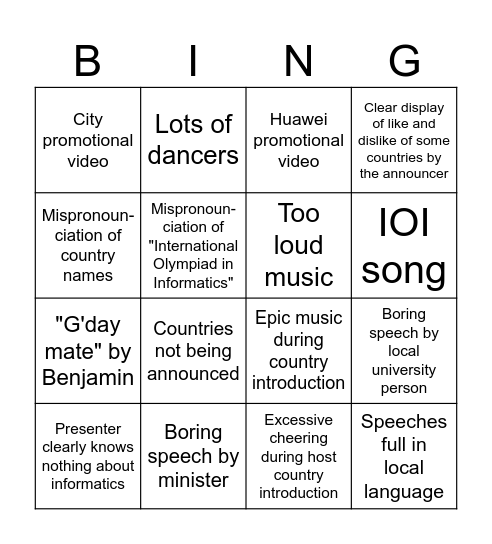 IOI Opening Ceremony Bingo Card