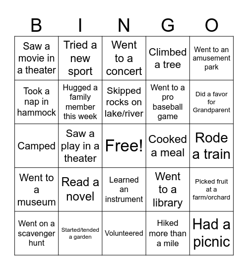 What a Summer!! Bingo Card