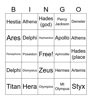 Greek gods and goddesses Bingo Card