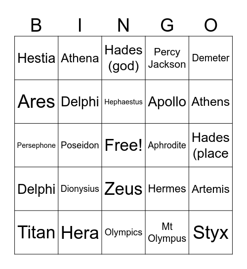 Greek gods and goddesses Bingo Card