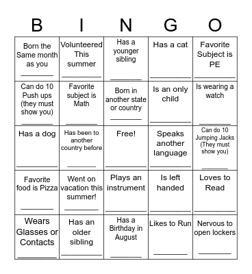 Getting to Know You Bingo Card