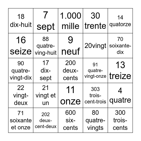 LES NOMBRES 1 À 1.000.000.000 Bingo Card