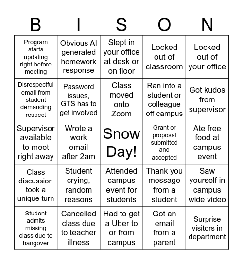 Fall Semester Bison Bingo Card