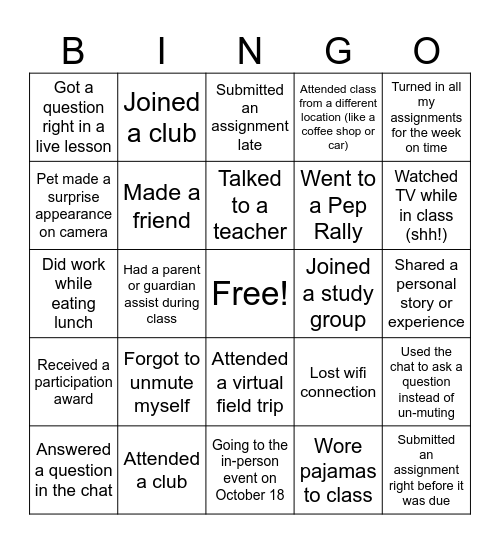 TXVS Virtual Student BINGO Card Bingo Card