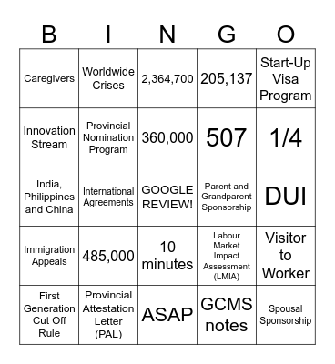 Canadian Immigration Bingo Card