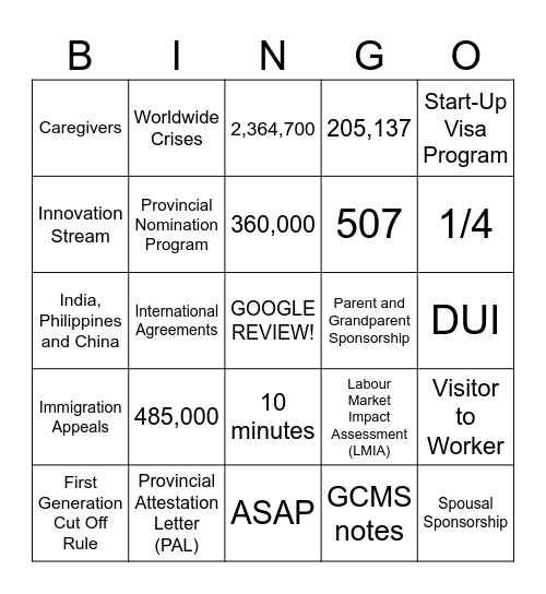 Canadian Immigration Bingo Card