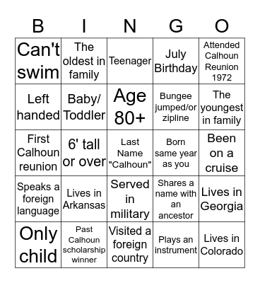 Calhoun Family Bingo Card