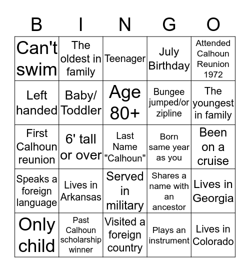 Calhoun Family Bingo Card