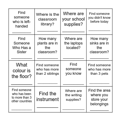 Class Scavenger Hunt Bingo Card