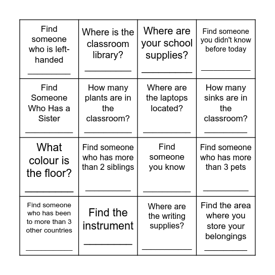 Class Scavenger Hunt Bingo Card