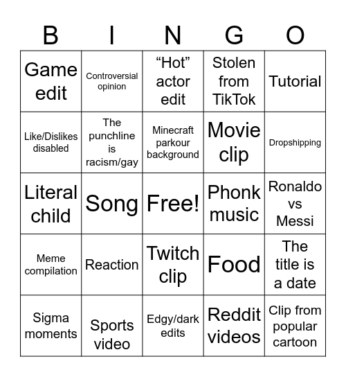 YouTube shorts Bingo Card