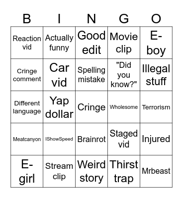 YT shorts Bingo Card