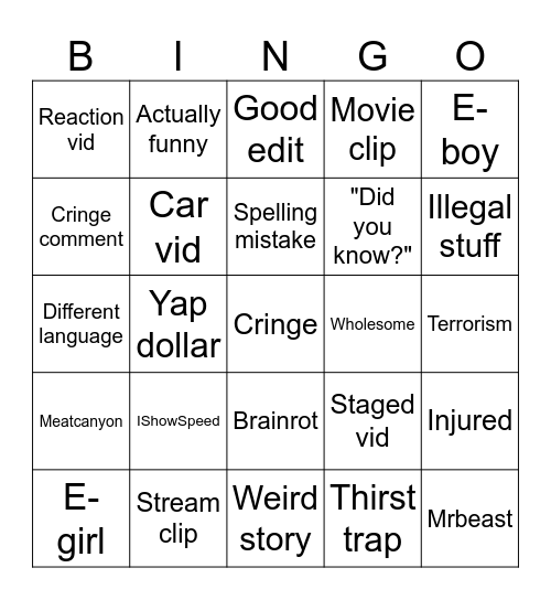 YT shorts Bingo Card