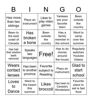 First Day of School Bingo Card