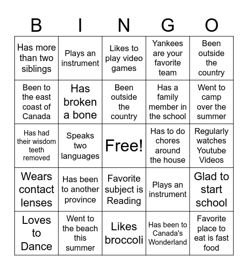 First Day of School Bingo Card