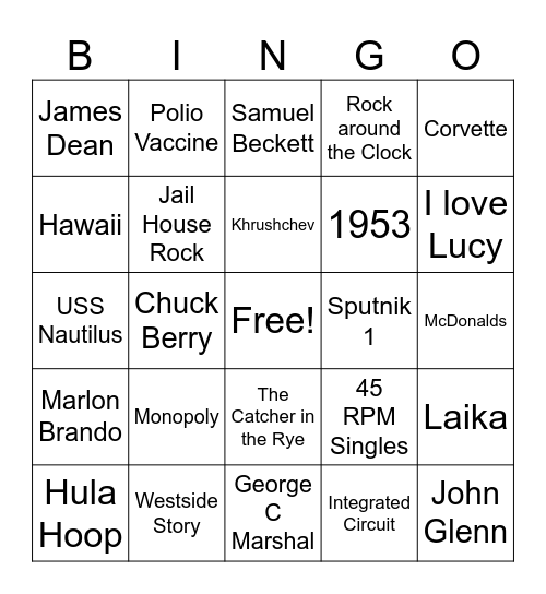 The 1950 's Bingo Card