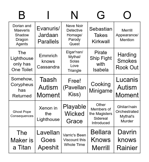 Noah's Veilguard Bingo Card