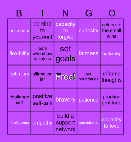 Self-Esteem and Strength Building Bingo Card