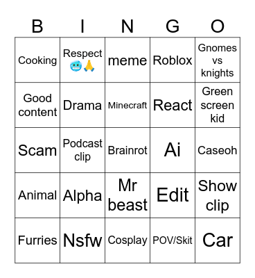 Youtube Shorts Bingo Card