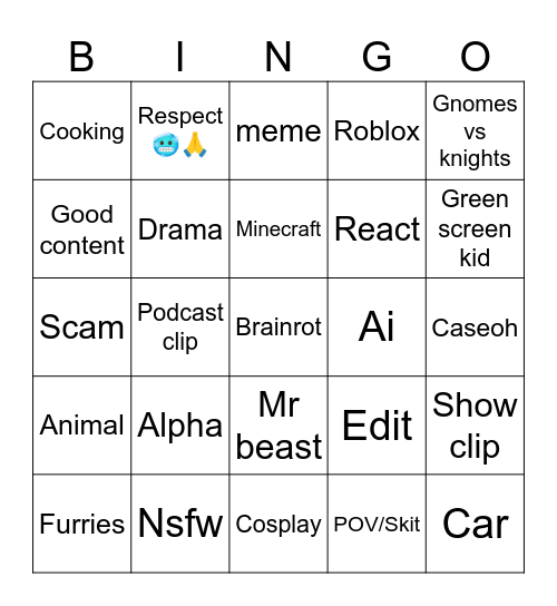 Youtube Shorts Bingo Card