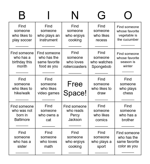 Get To Know You Bingo Card