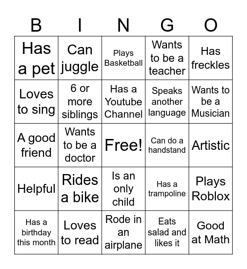 GET TO KNOW YOUR CLASSMATE Bingo Card