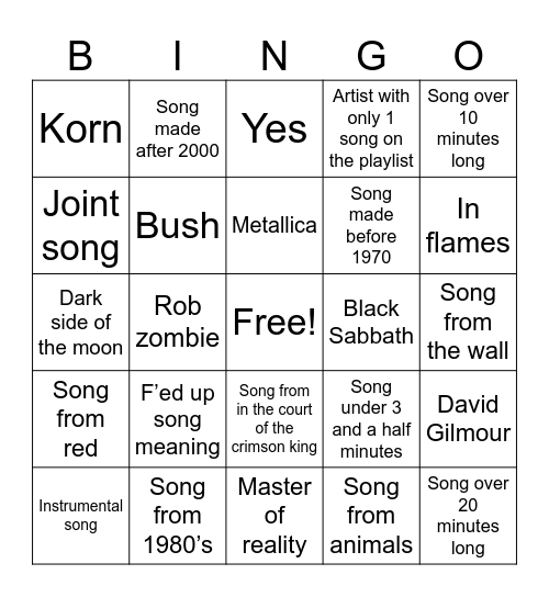 Playlist bingo Card