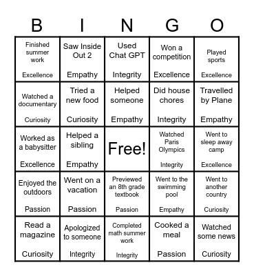 Summer Core Values BINGO Card