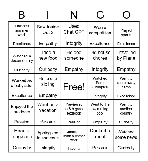 Summer Core Values BINGO Card