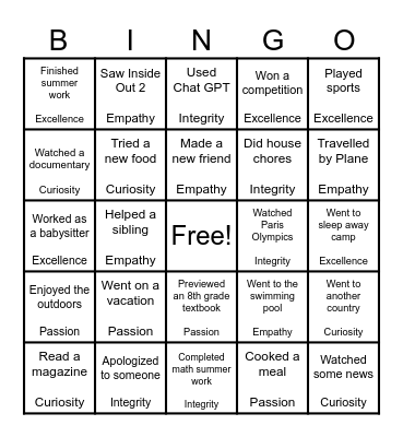 Summer Core Values BINGO Card