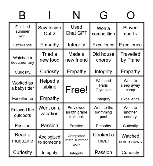 Summer Core Values BINGO Card