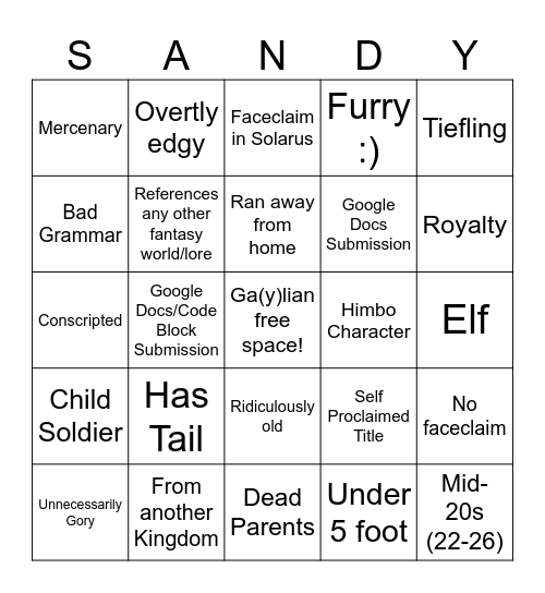 Gailian OC Bingo Card