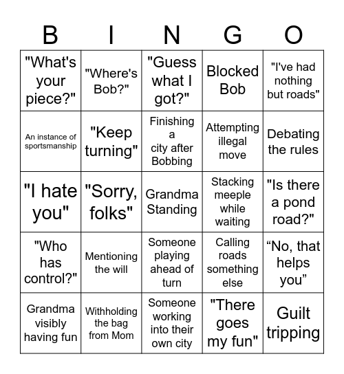 Carcassonne (Without Zachary) Bingo Card