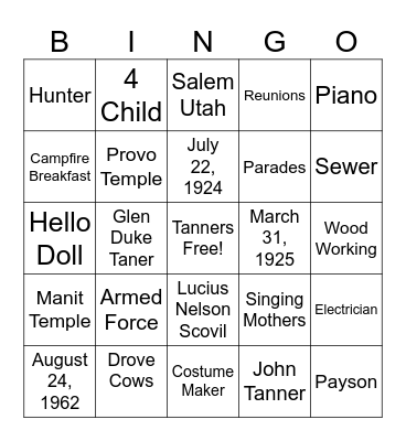 G & M Tanner Bingo Card