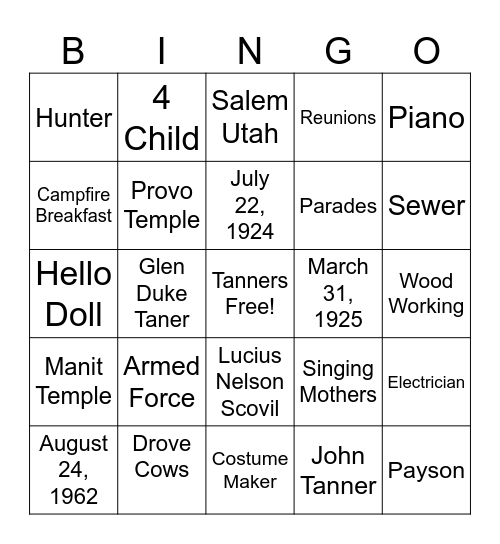 G & M Tanner Bingo Card