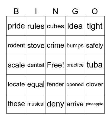 Week 3 Spelling Words Bingo Card